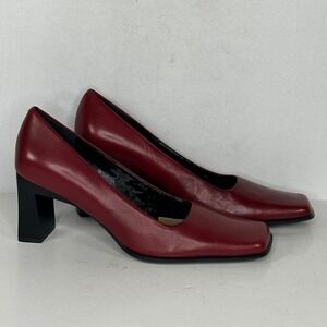Nine West Red Leather Square Toe Pumps Slip On Career Sz 8 1/2